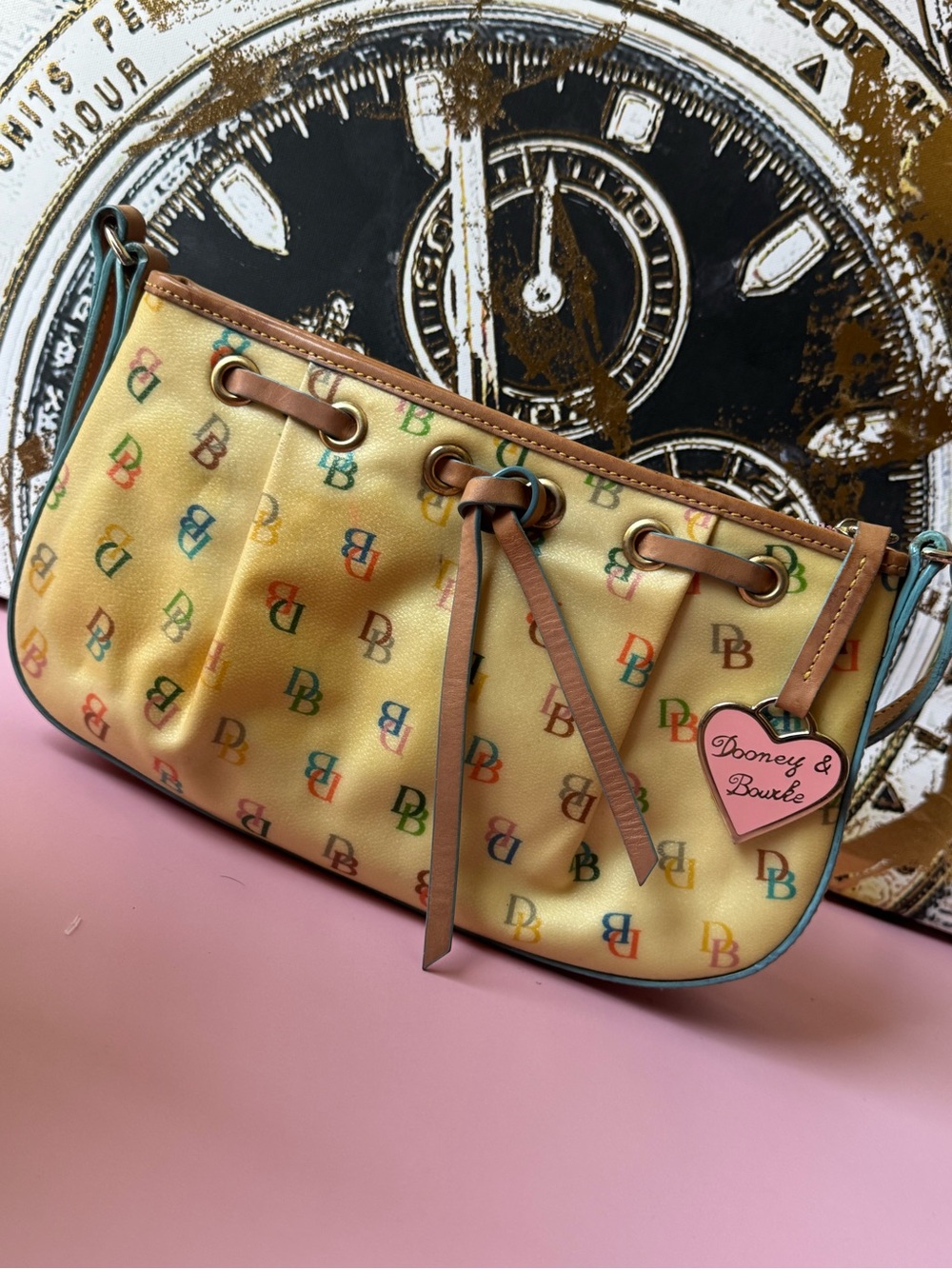 Dooney & Bourke Yellow Multicolor DB Logo Wristlet with Heart Tag